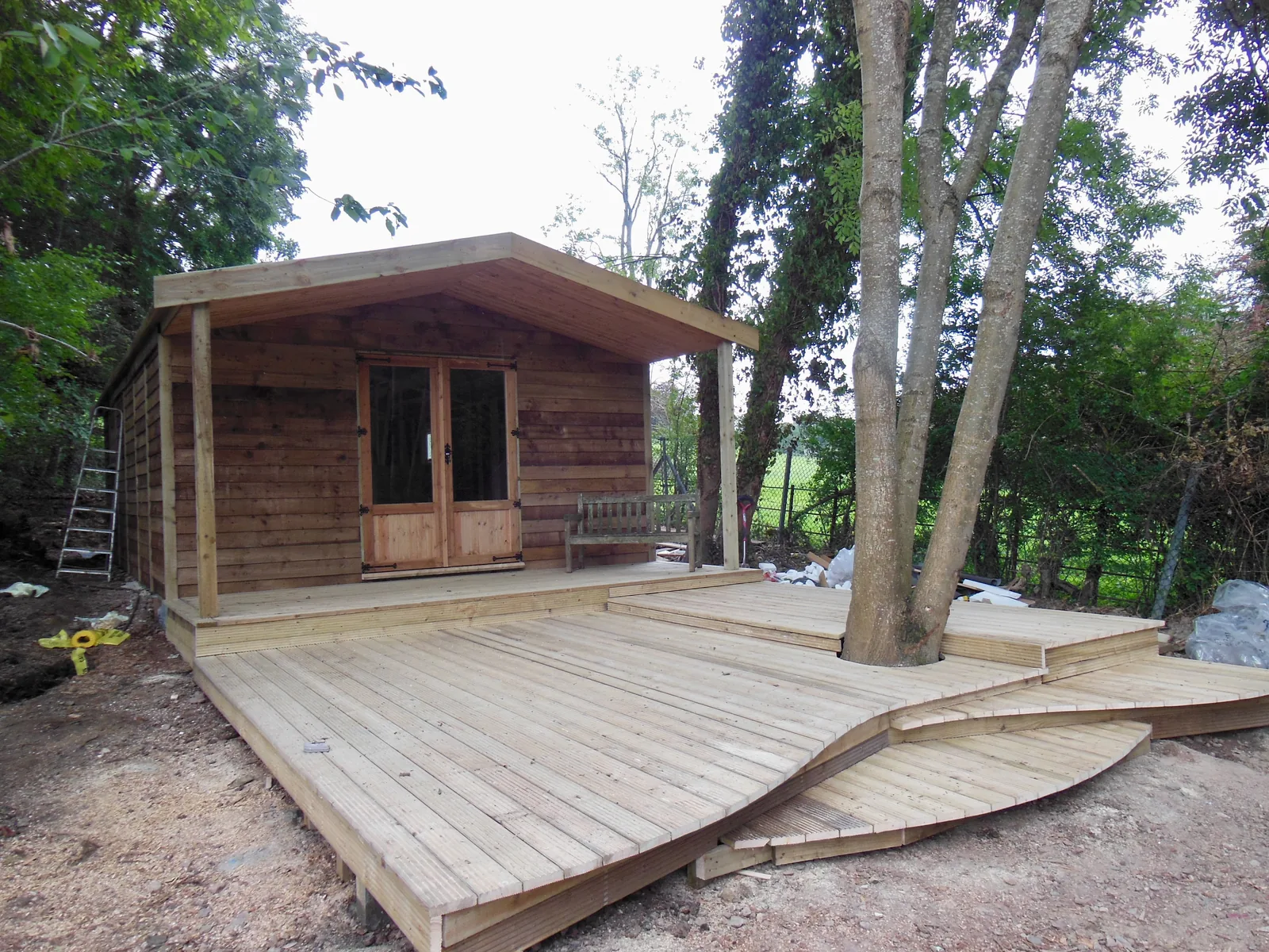 Decking outside of a wooden cabin